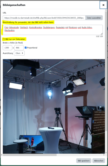 Screenshot davon, wo die Bildeigenschaften in Moodle eingestellt werden können und eine Bildbeschreibung hinterlegt werden kann.