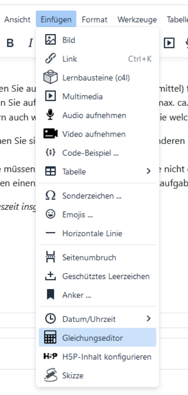 Screenshot vom Menü des Texteditor in Moodle, wo der Gleichungseditor zu finden ist.