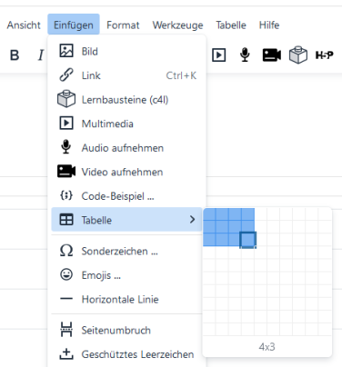 Screenshot vom Menü des Texteditor in Moodle, wo Tabellen hinzugefügt werden können.