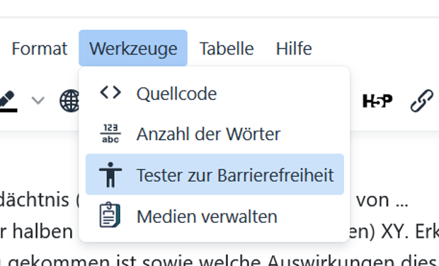 Screenshot vom Menü des Texteditor in Moodle, wo der "Tester Barrierefreiheit" zu finden ist.