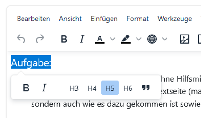 Screenshot davon wie im Texteditor in Moodle eine Überschrift definiert werden kann.