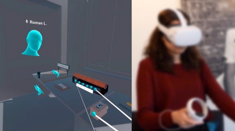 Bildcollage: links ein Avatar in einem virtuellen Raum; rechts ein Foto einer Studierenden, die eine VR-Brille trägt