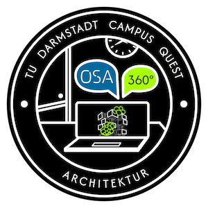 Rundes Logo mit der Aufschrift „TU Darmstadt Campus Quest Architektur“. In der Mitte ist ein stilisierter Laptop mit einem 3D-Modell eines Gebäudes zu sehen. Darüber befinden sich zwei Sprechblasen mit den Texten „OSA“ und „360°“. Im Hintergrund sind grafische Elemente wie eine Uhr und Fensterlinien angedeutet.