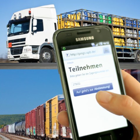 Foto: Eine Collage aus vier Bildern zeigt verschiedene Transportmittel: ein Containerschiff im Hafen, einen Lastwagen auf der Autobahn, ein Flugzeug am Flughafen und einen Zug mit Frachtcontainern. In einem Bild wird ein Smartphone mit der PINGO-Abstimmungsseite angezeigt.