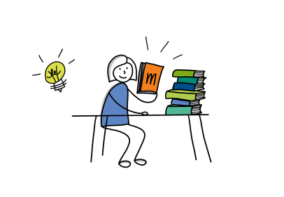 Grafik: Person sitzt am Tisch mit Büchern; sie liest ein Buch, auf dem das Moodle-Logo zu sehen ist