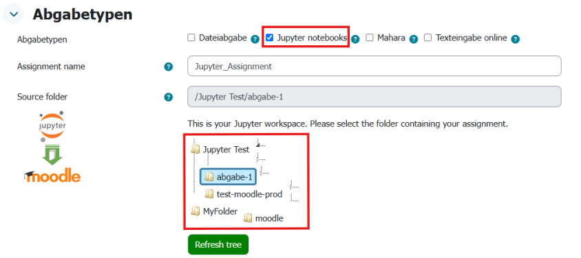 Auswahl des entsprechenden Jupyter-Ordners in den Aufgabeneinstellungen unter dem Abschnitt "Abgabetypen"
