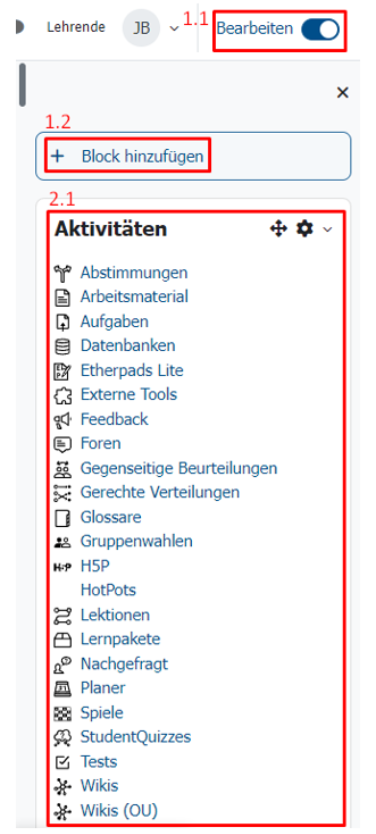 Die ausgeklappte Blockleiste mit dem Aktivitäten-Block.