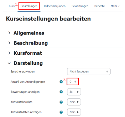 Kurseinstellungen mit ausgeklapptem Abschnitt "Darstellung".