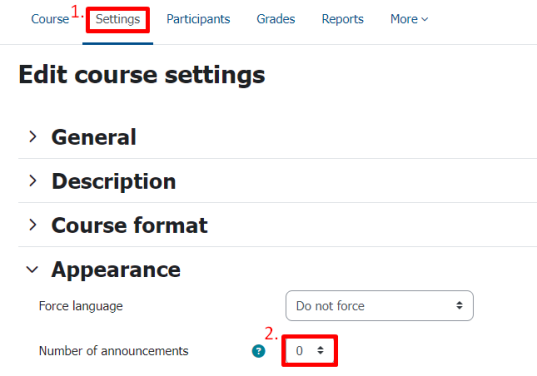 Course settings with the "Appearence" section expanded.