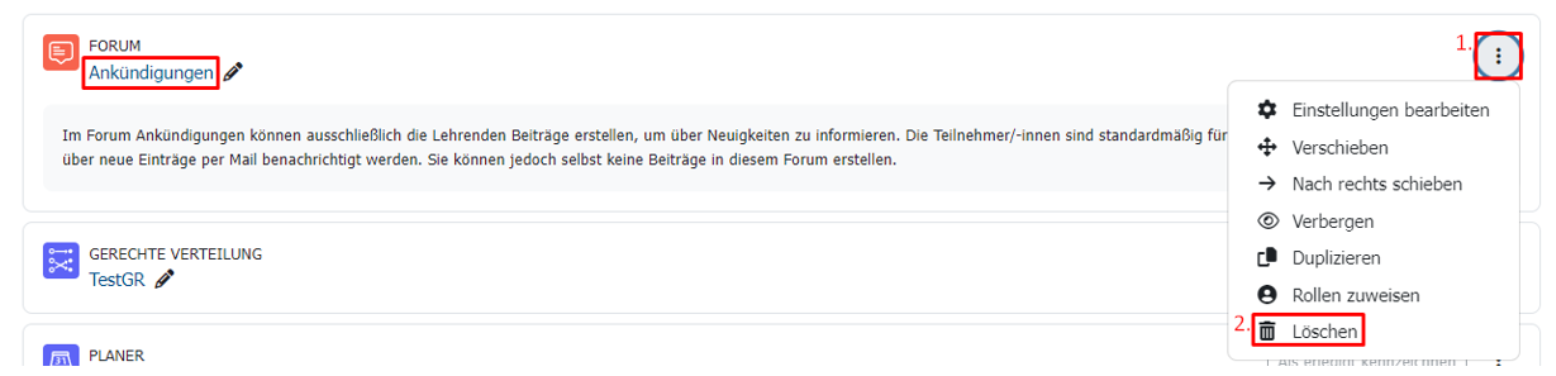 Das Ankündigungen-Forum, mit der Aktions-Auswahl nach Klick auf die drei Punkte rechts neben der Aktivität.