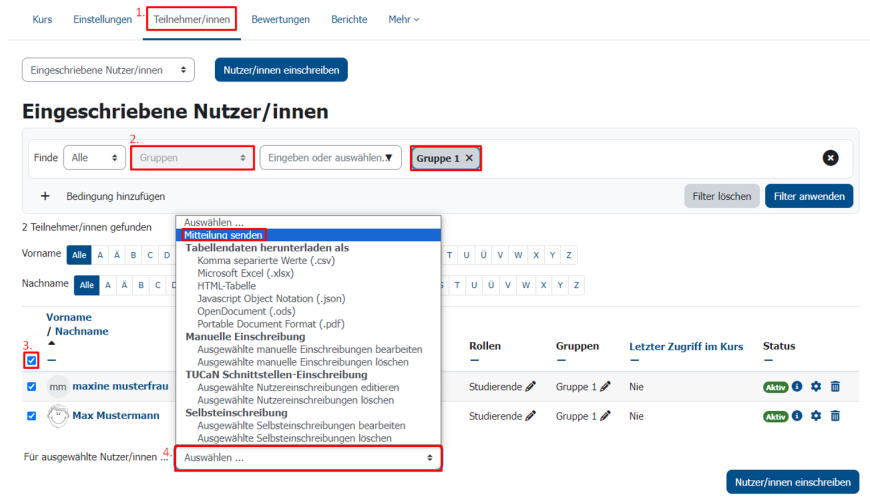 Die Teilnehmerübersicht, welche nach einer bestimmten Gruppe gefiltert ist. Zusätzlich wird die Aktion "Mitteilung senden" für die ausgewählten Teilnehmer ausgewählt.