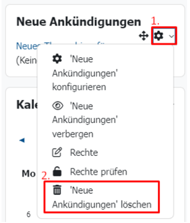 Der "Neue Ankündigungen"-Block mit Auswahl der "Neue Ankündigungen löschen"-Aktion.
