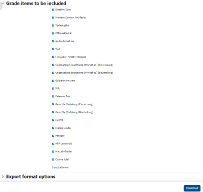 The sections "Grade items to be included" and "Export format options" with selectable checkboxes when exporting a participant list.