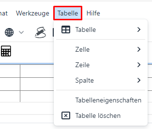 Der Reiter "Tabelle" innerhalb des TinyMCE-Text-Editors.