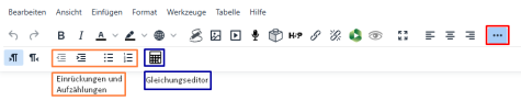 Zu sehen ist die ausglappte Funktionsleiste des TinyMCE-Texteditors. Dazu gekommen sind Einrückungen, Aufzählungen und der Gleichungseditor.