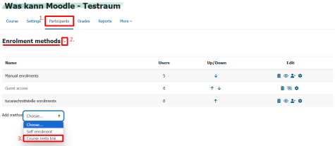 An Overview of the enrolment methods. The drop-down "Add methods" is expanded, and the option "Course meta link" is marked.