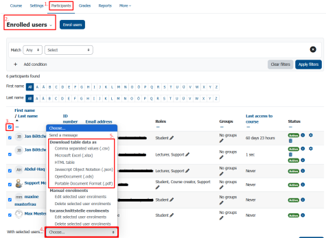 An overview of the enrolled users. All users are selected via the checkbox and the actions menu, on which the actions for downloading the users list are displayed, is expanded.