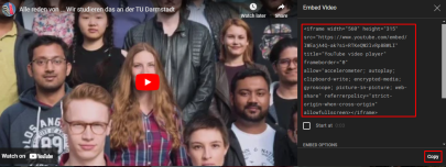 A YouTube video with its corresponding HTML code, which can be copied for sharing.