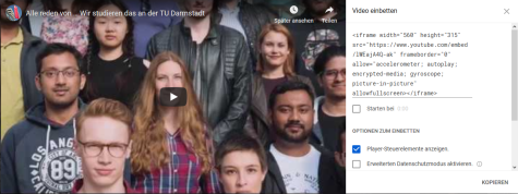 Ein YouTube-Video mit seinem dazugehörigen HTML-Code, welcher zum Teilen kopiert werden kann.
