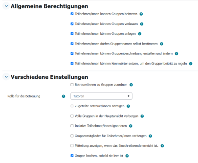Allgemeine Berechtigungen und verschiedene Einstelleungen für die freie Gruppenwahl