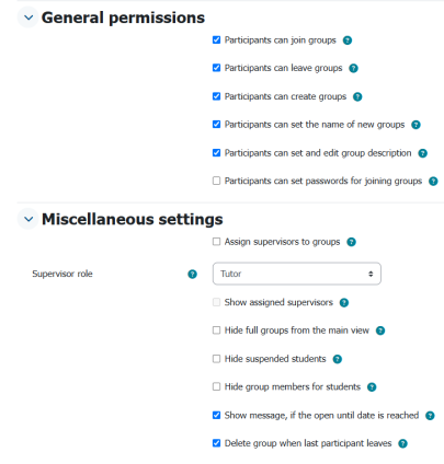 General permissions and various settings for group self-selection