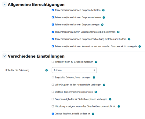 Allgemeine Berechtigungen und verschiedene Einstelleungen für die freie Gruppenwahl