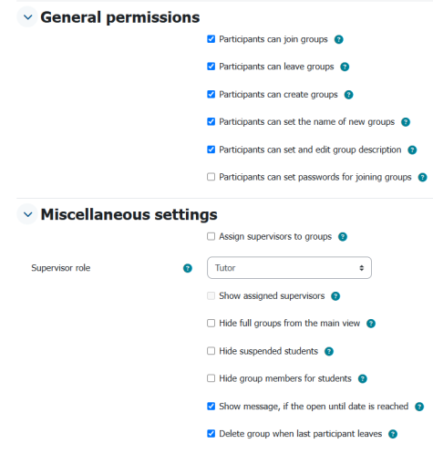 General permissions and various settings for group self-selection