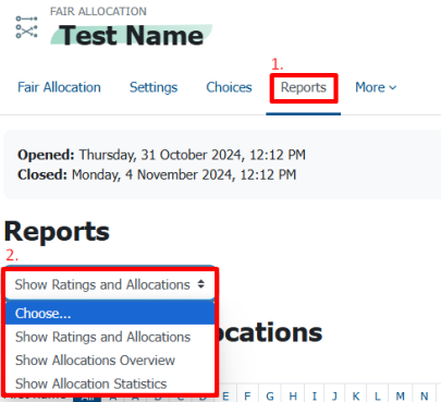 The different report types: Show Ratings and Allocations, Show Allocations Overview, Show Allocations Statistics.