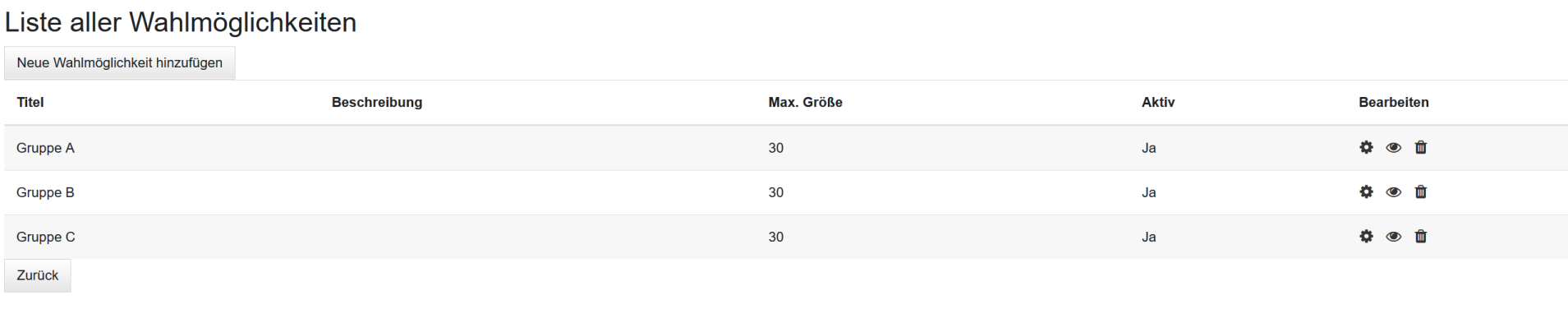 Eine Übersicht der bestehenden Wahlmöglichkeiten. Zusätzlich ist der Button "Neue Wahlmöglichkeit hinzufügen" zu sehen.