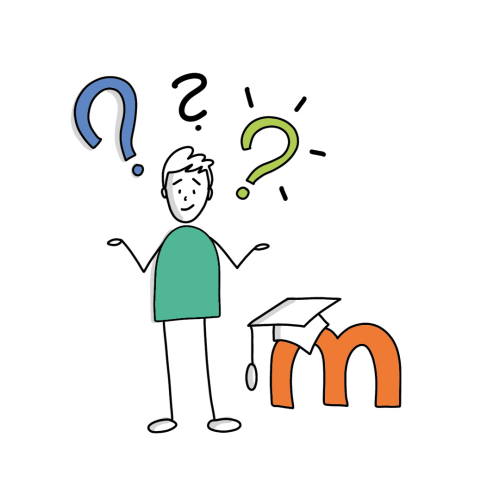 Grafik: Person hat Fragezeichen über ihrem Kopf stehen, neben der Person ist das Moodle-Logo sichtbar