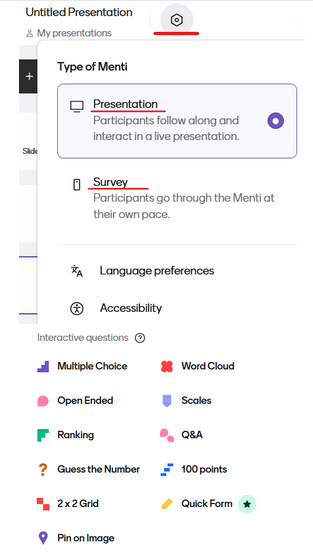 Screenshots aus Mentimeter - oben: Einstellungen zur Befragung; unten: Verschiedene Fragetypen