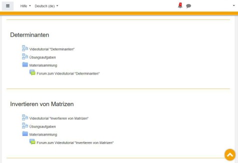 Foto: Das Bild zeigt einen Screenshot einer Moodle-Kursseite, auf der Seite gibt es zwei Hauptabschnitte: Determinanten und Invertieren von Matrizen.